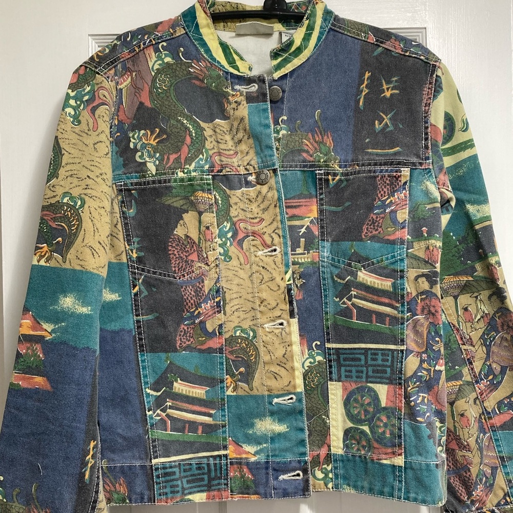 Denim jacket with Asian-inspired graphic